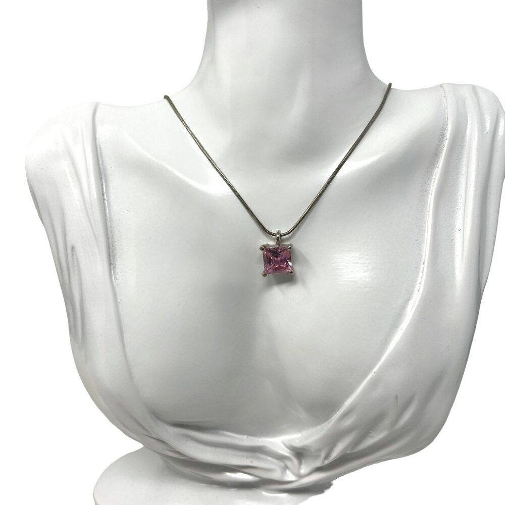 Pink Glass Stone Necklace Silver Tone Chain Square Pendant‎